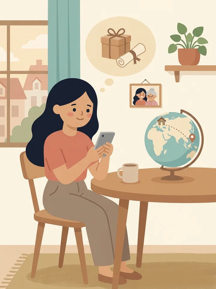 A woman at home imagining a gift and documents to send to the Philippines.
